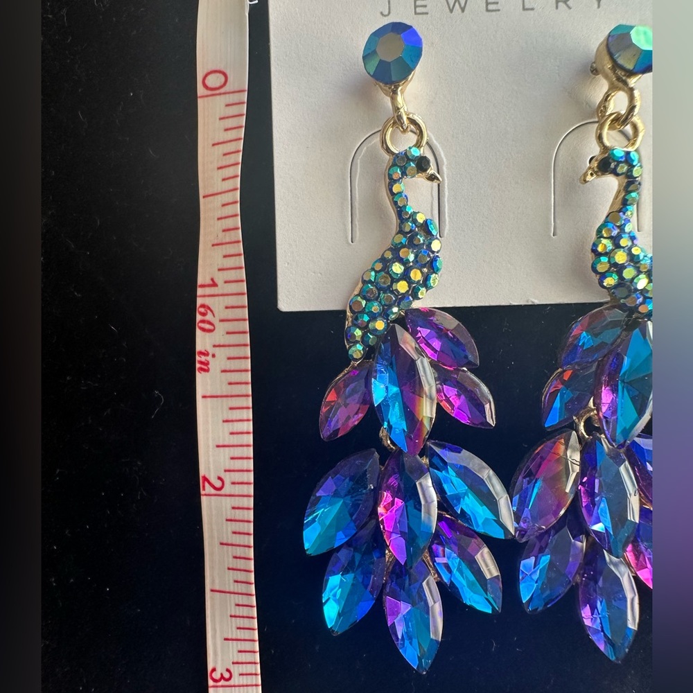 Peacock rhinestone dangle statement earrings, New! - Picture 10 of 14